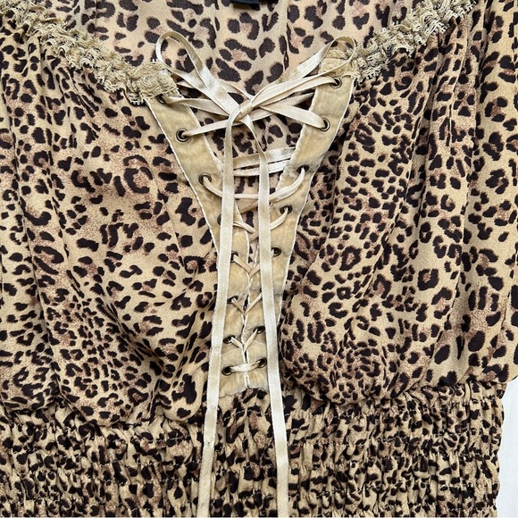 Piano Vintage Y2K Cheetah Print Mobwife Renaissance Smocked Bell Sleeve Top SZ M - Picture 5 of 12